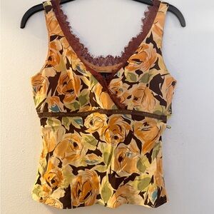 Nicole Miller Silk Floral Sleeveless Top with Lace Trim